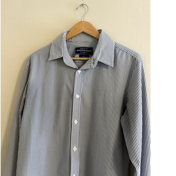 Blue White Striped Mizzen+Main Leeward Dress Shirt Performance Button-up Large - Picture 1 of 8